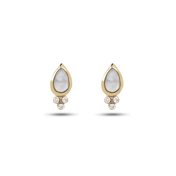 Moonstone & Diamond Tear Drop Stud Earring Pair 9k Gold