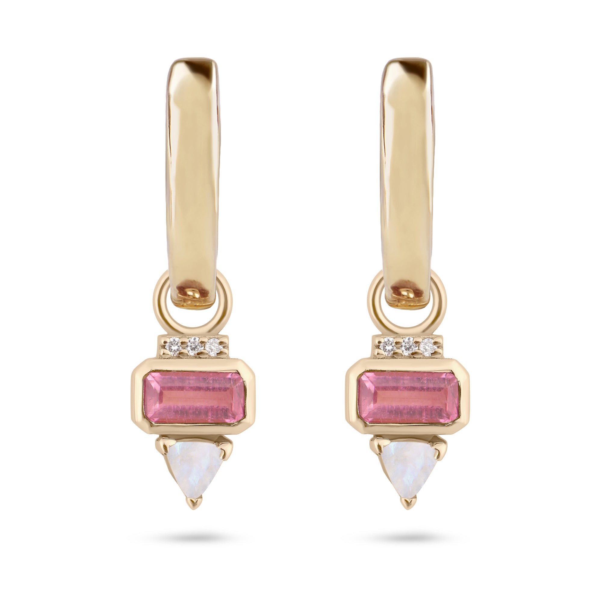 Pink Tourmaline, Diamond & Moonstone Hoop Earrings 9k Gold