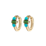 Green Tourmaline & Turquoise Huggie Hoop Earring Pair 9k Gold