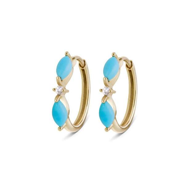Turquoise Marquise & Moonstone Huggie Hoop Earring Pair 9k Gold