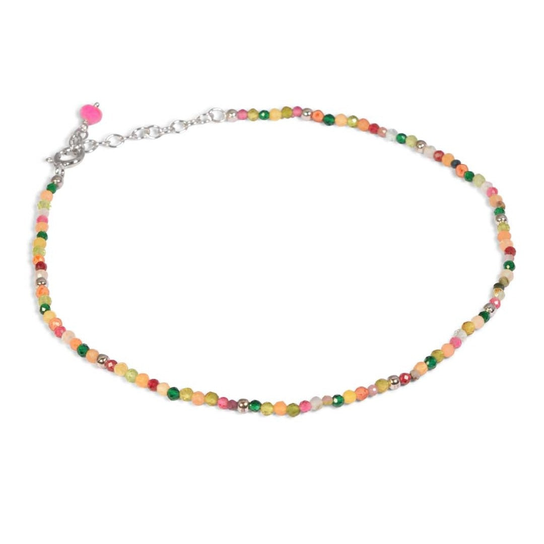 Multi Semi-Precious Stone Beaded Anklet Sterling Silver