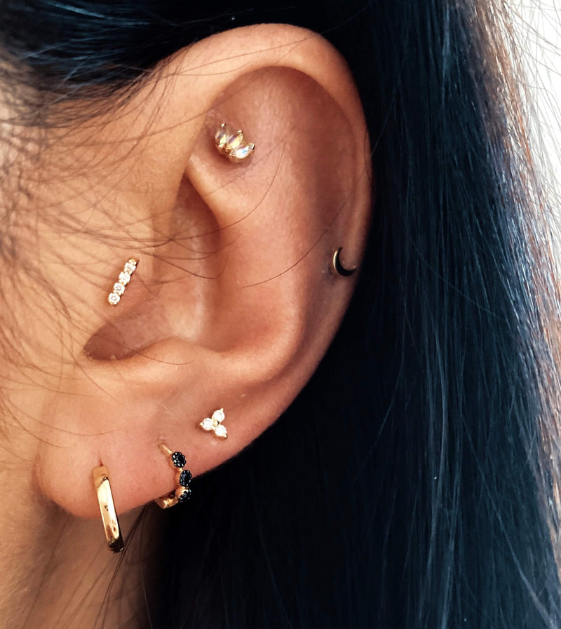 Mini Black Diamond Trilogy Huggie Hoop Earring 9k Gold