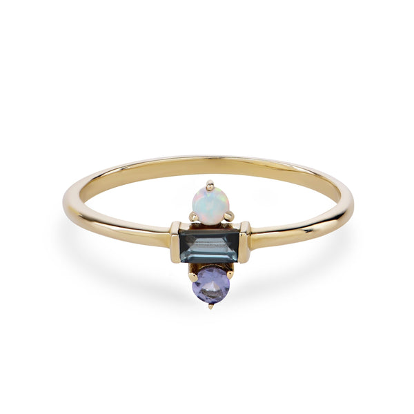 Blue Topaz, Tanzanite & Opal Ring 9k Gold