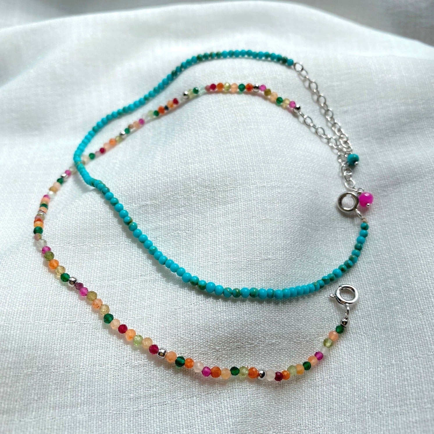 Multi Semi-Precious Stone Beaded Anklet Sterling Silver