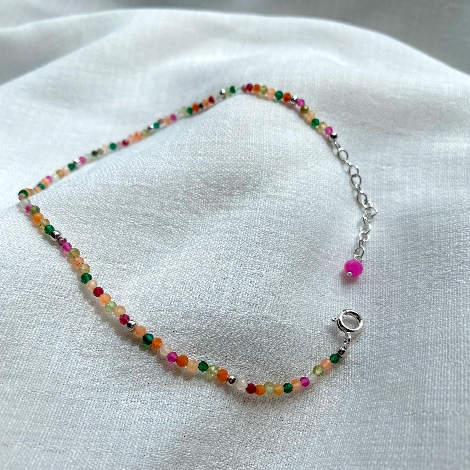 Multi Semi-Precious Stone Beaded Anklet Sterling Silver