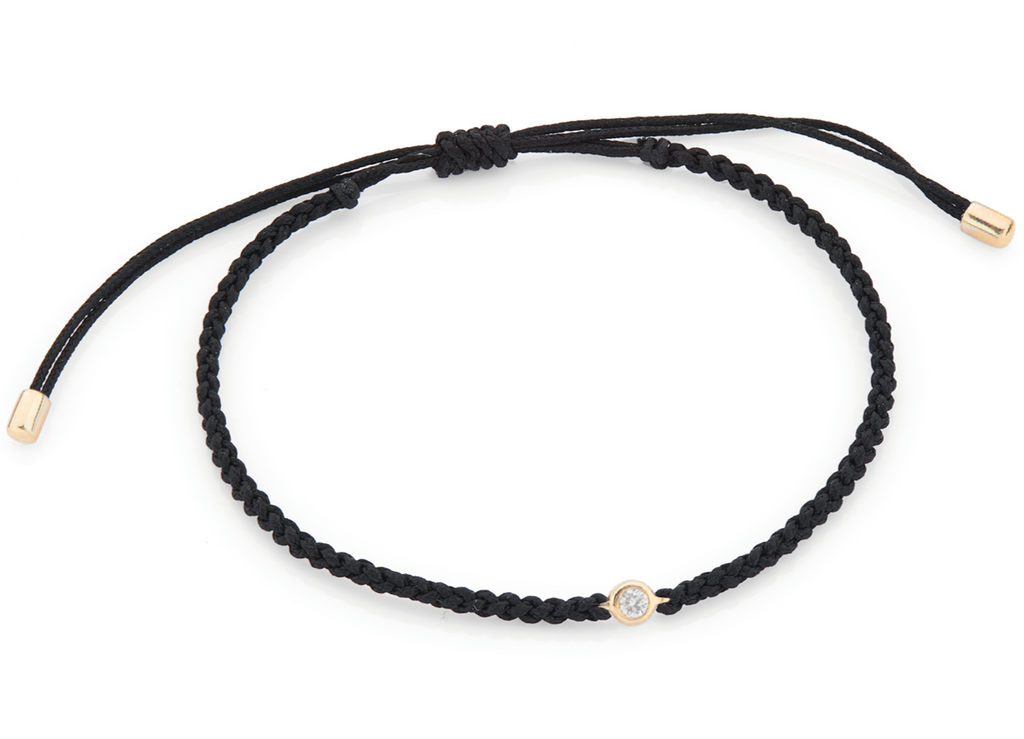 Black String Bracelet with Three Diamonds- 14K Solid Gold