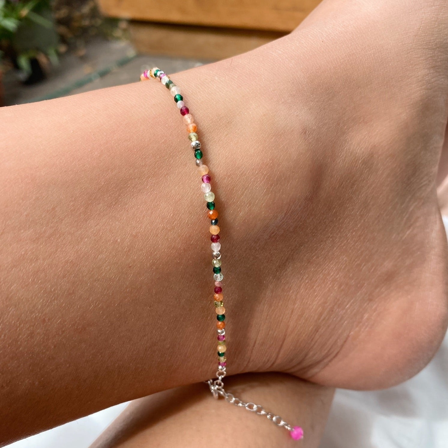 Multi Semi-Precious Stone Beaded Anklet Sterling Silver