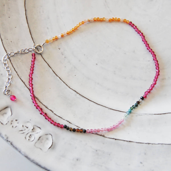 Semi-Precious Beaded Station Anklet Sterling Silver