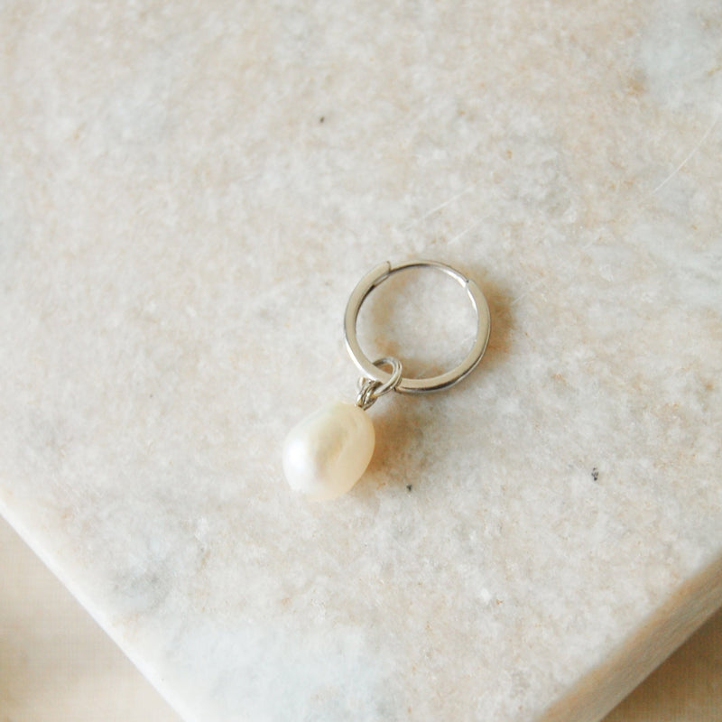 sterling silver baroque pearl earring charm on huggie hoop