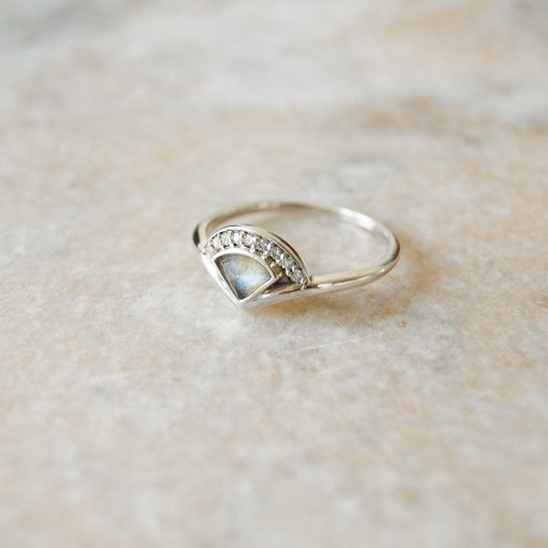 Labradorite & Diamond Fan Ring Sterling Silver