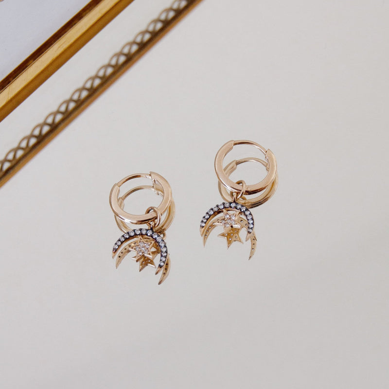 Diamond Starry Night Horn Charm Hoop Earrings 9k Gold