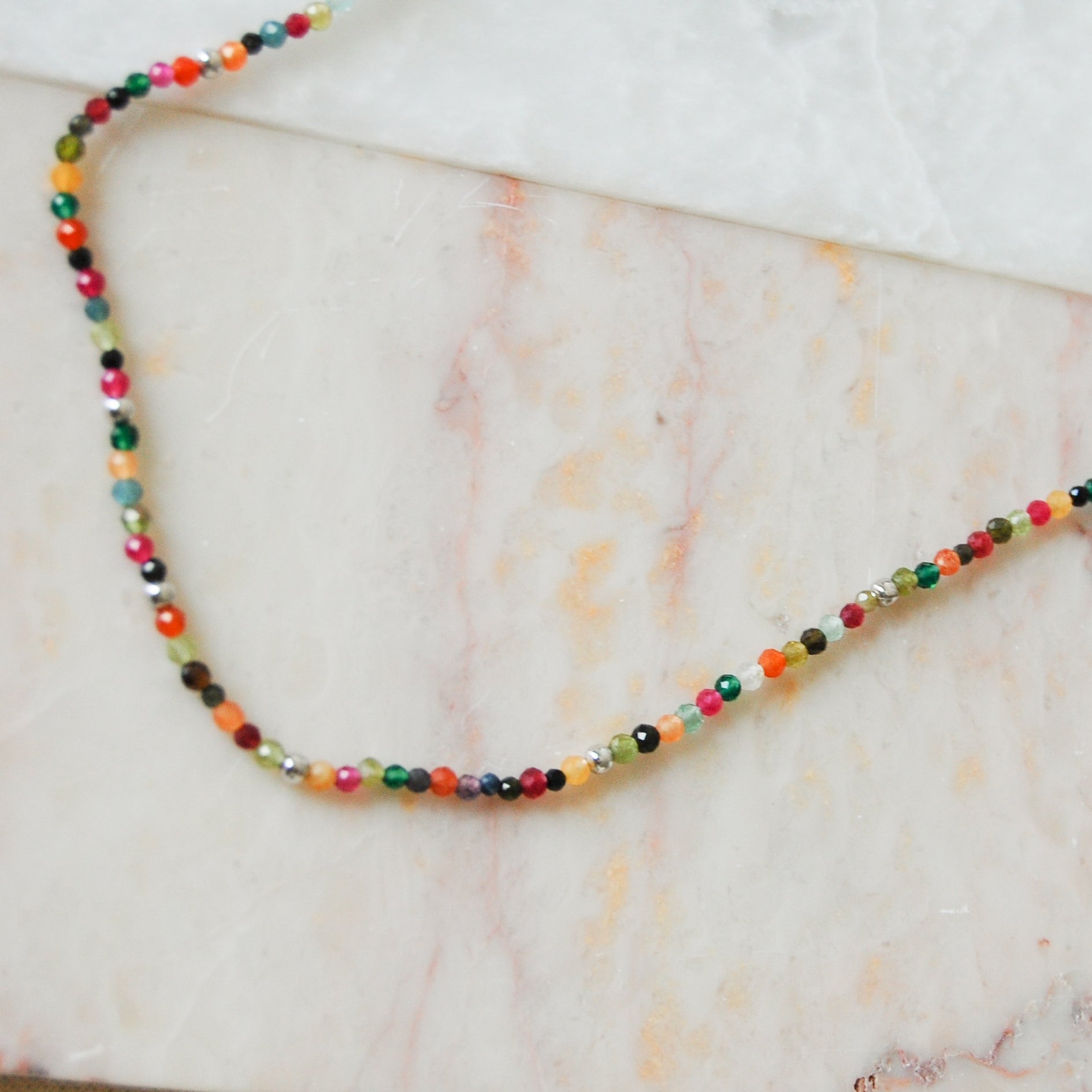 Multi Semi-Precious Stone Beaded Necklace Sterling Silver