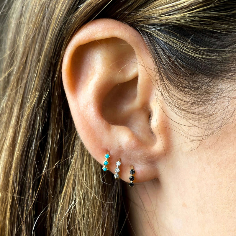 Mini Black Diamond Trilogy Huggie Hoop Earring 9k Gold