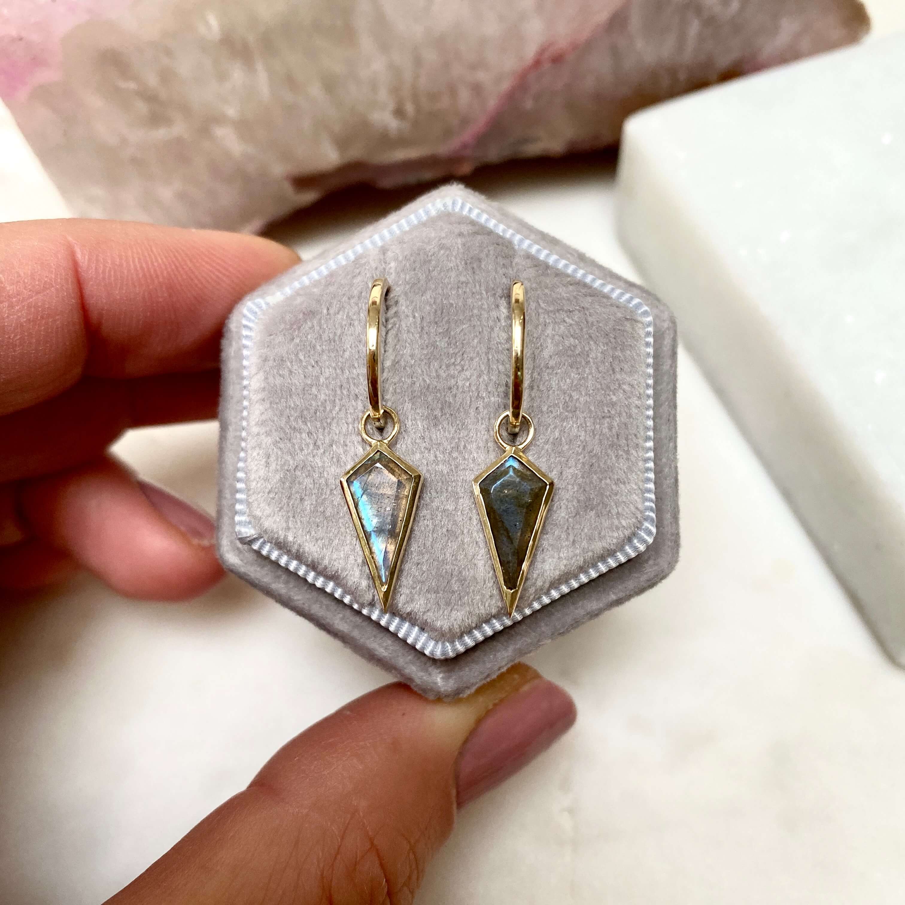 Labradorite Rhombus Hoop Earrings 9k Gold