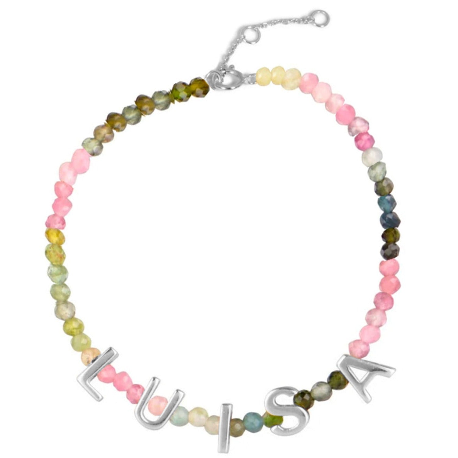 Personalised Semi-Precious Beaded Name Bracelet Sterling Silver