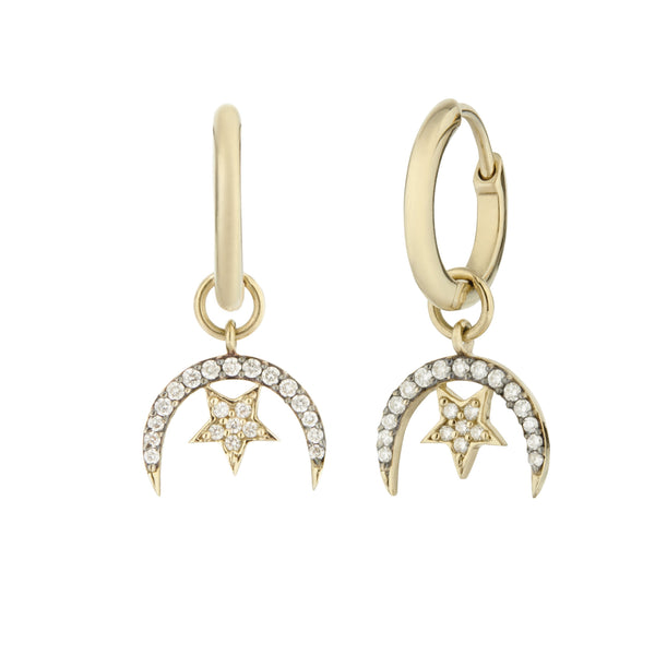 Diamond Starry Night Horn Charm Hoop Earrings 9k Gold