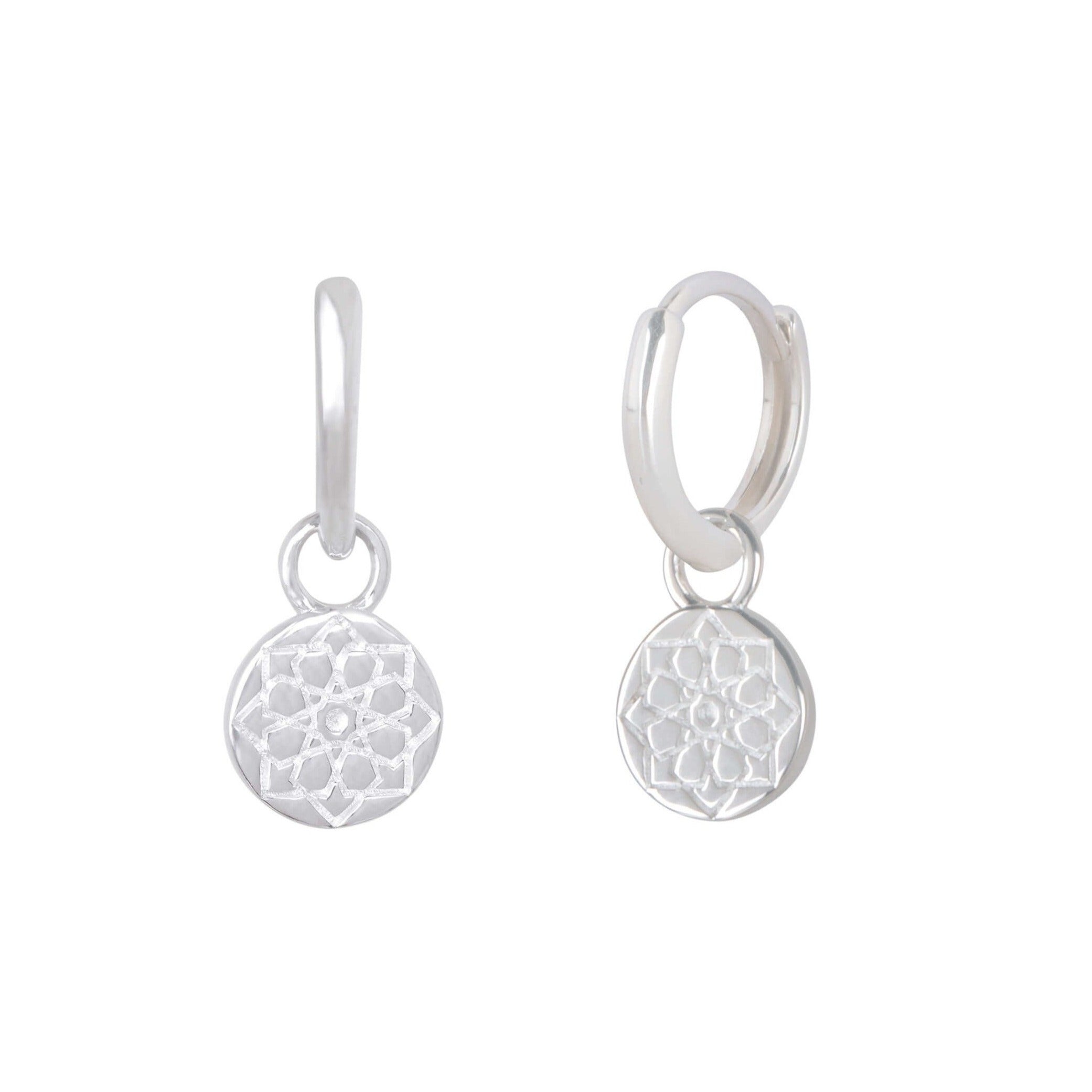 Zohreh Coin Charm Hoop Earrings Sterling Silver on white background