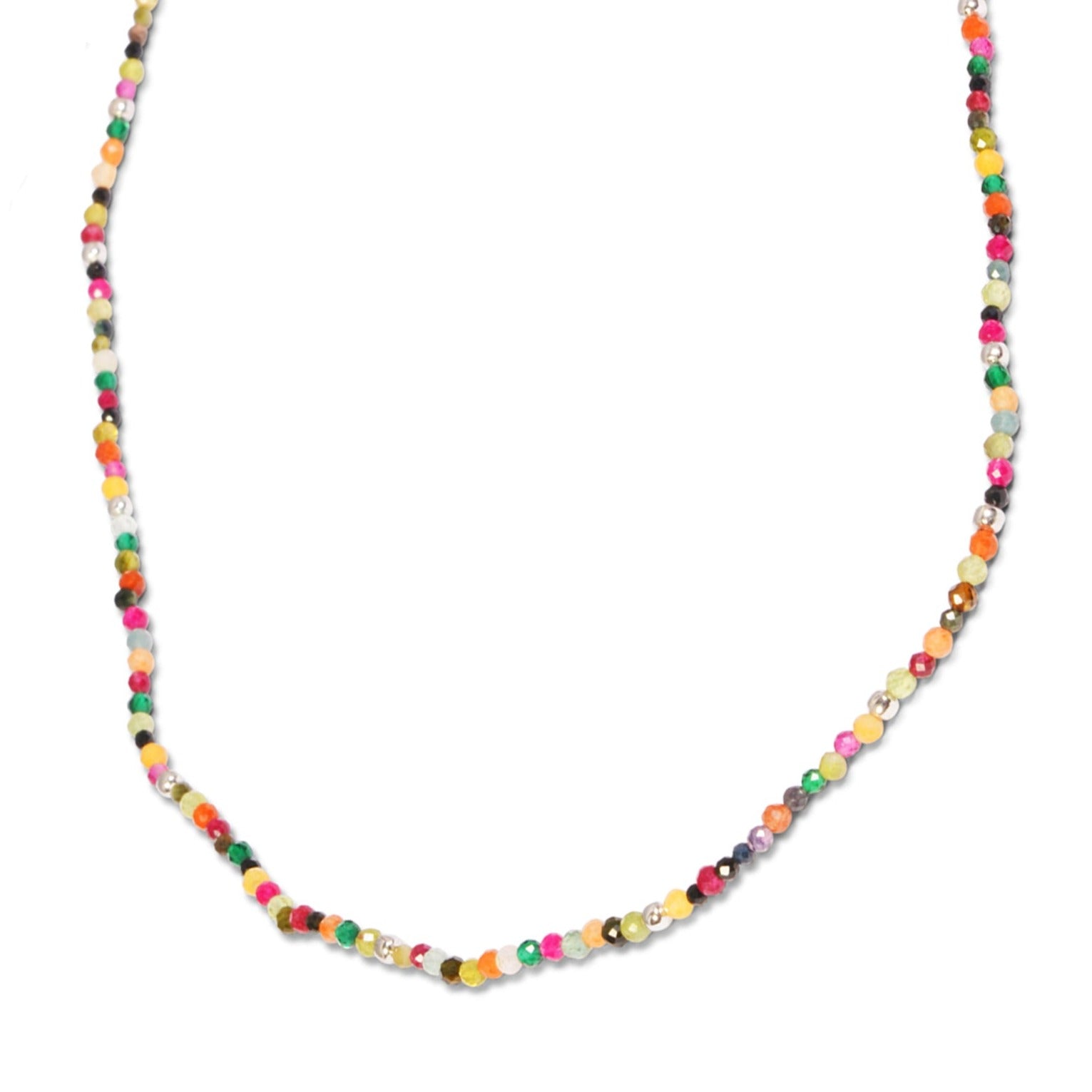 Multi Semi-Precious Stone Beaded Necklace Sterling Silver