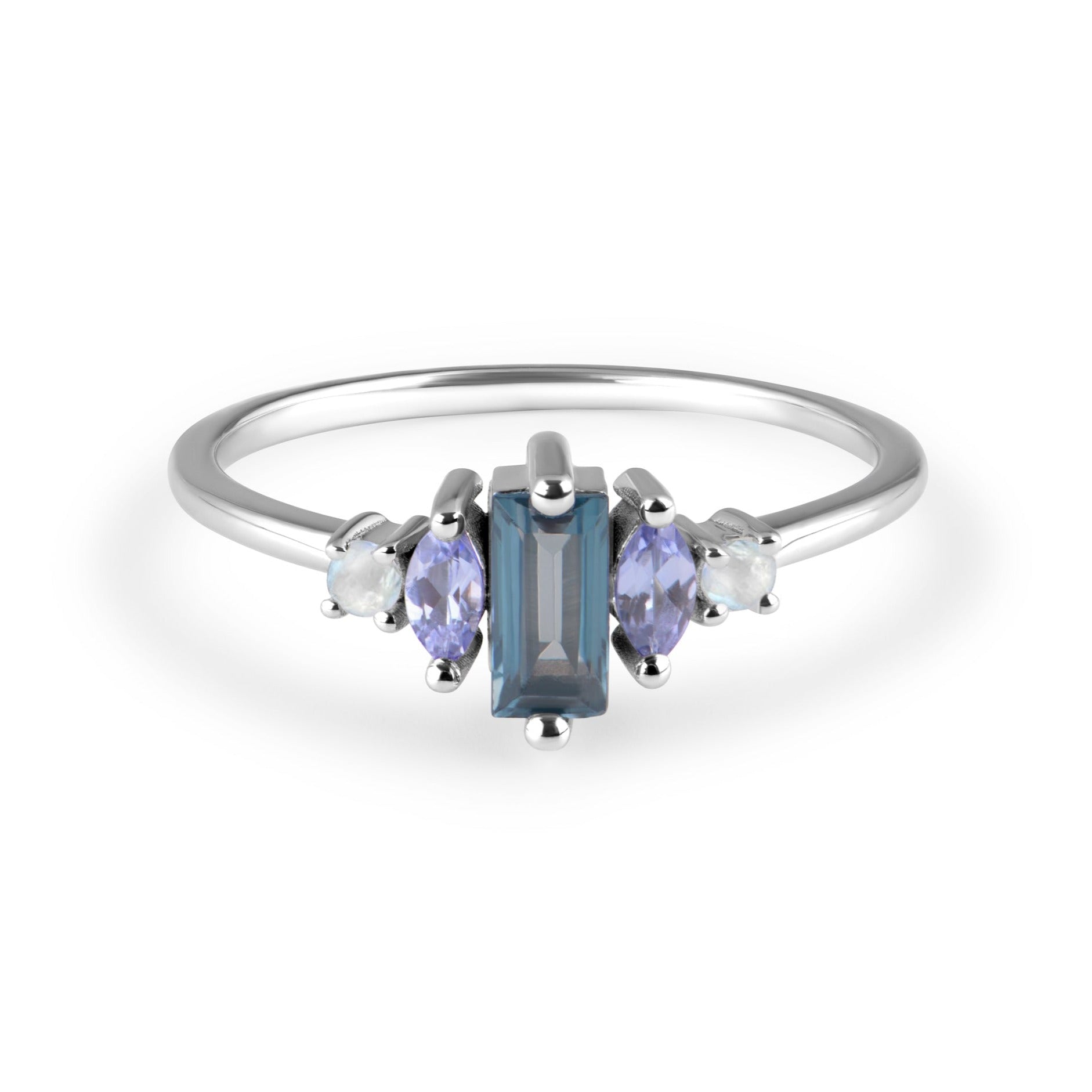 London Blue Topaz, Tanzanite & Moonstone Ring Sterling Silver