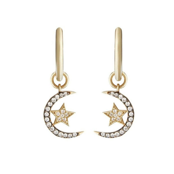 Diamond Starry Night Moon Charm Hoop Earrings 9k Gold